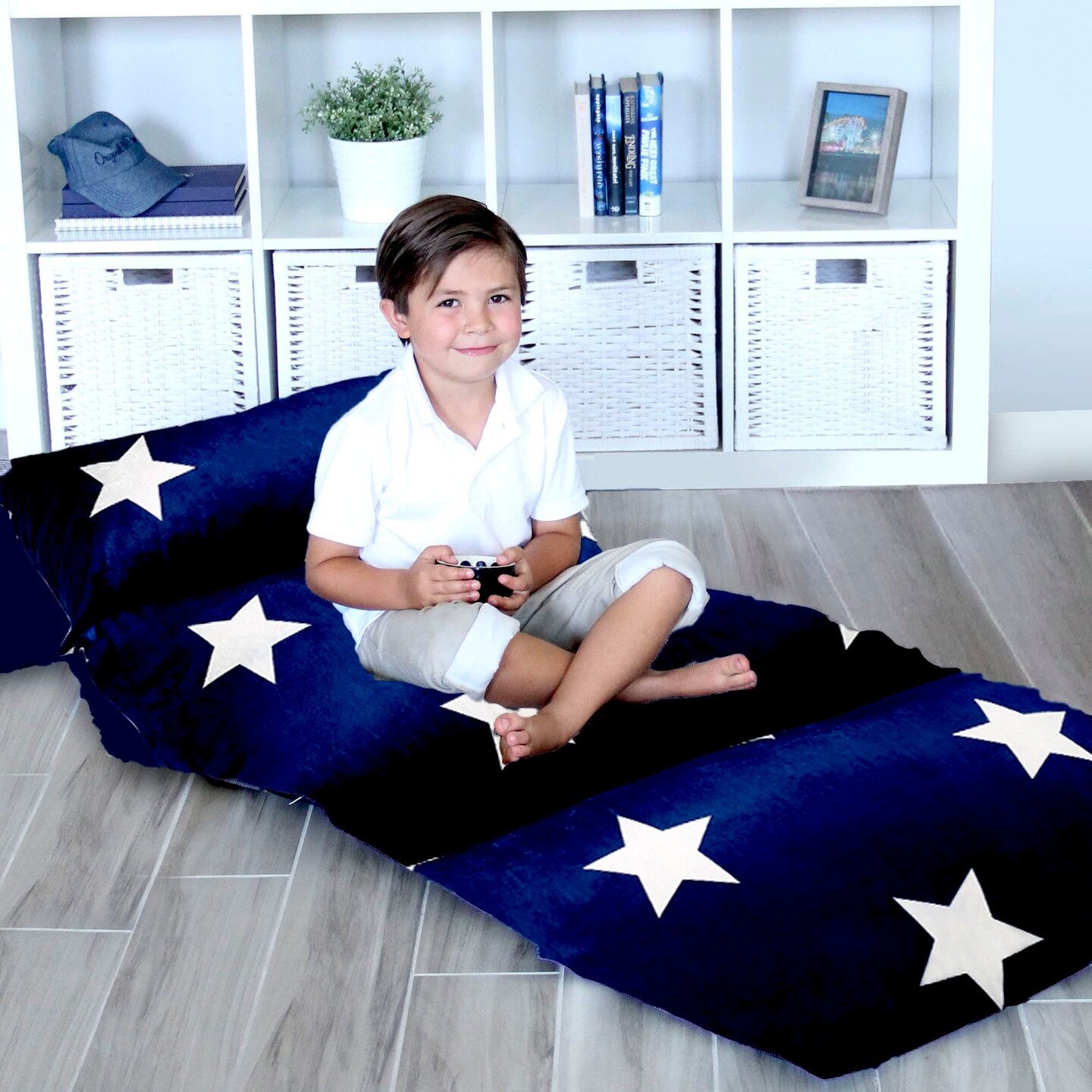 Butterfly Craze Floor Pillow Case, Mattress Bed Lounger Cover, Star Navy, King, Cozy Seating Solution for Kids &#x26; Adults, Recliner Cushion, Perfect for Reading, TV Time, Sleepovers, &#x26; Toddler Nap Mat