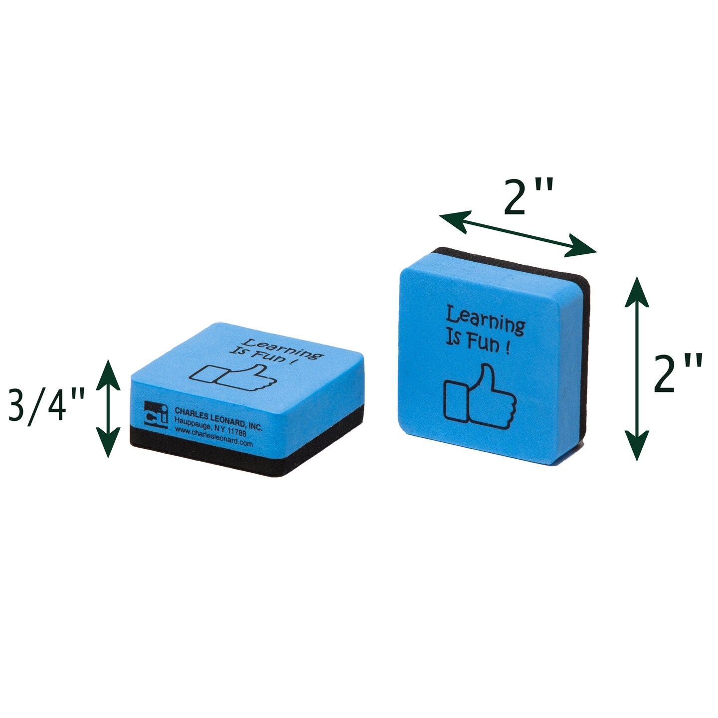 Mini Whiteboard Eraser, Felt/Foam, 2&#x22;x2&#x22; &#x22;Learning is Fun&#x22;, Blue/Black, 15 Per Pack, 3 Packs