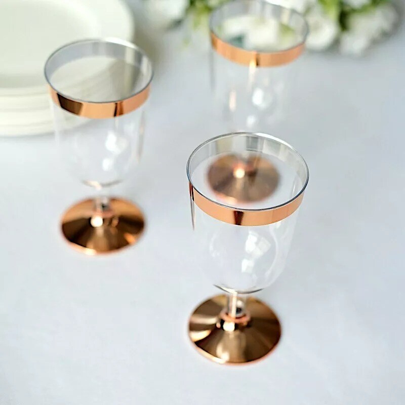 12 CLEAR ROSE GOLD RIM 6.5 oz Disposable Goblets Glasses