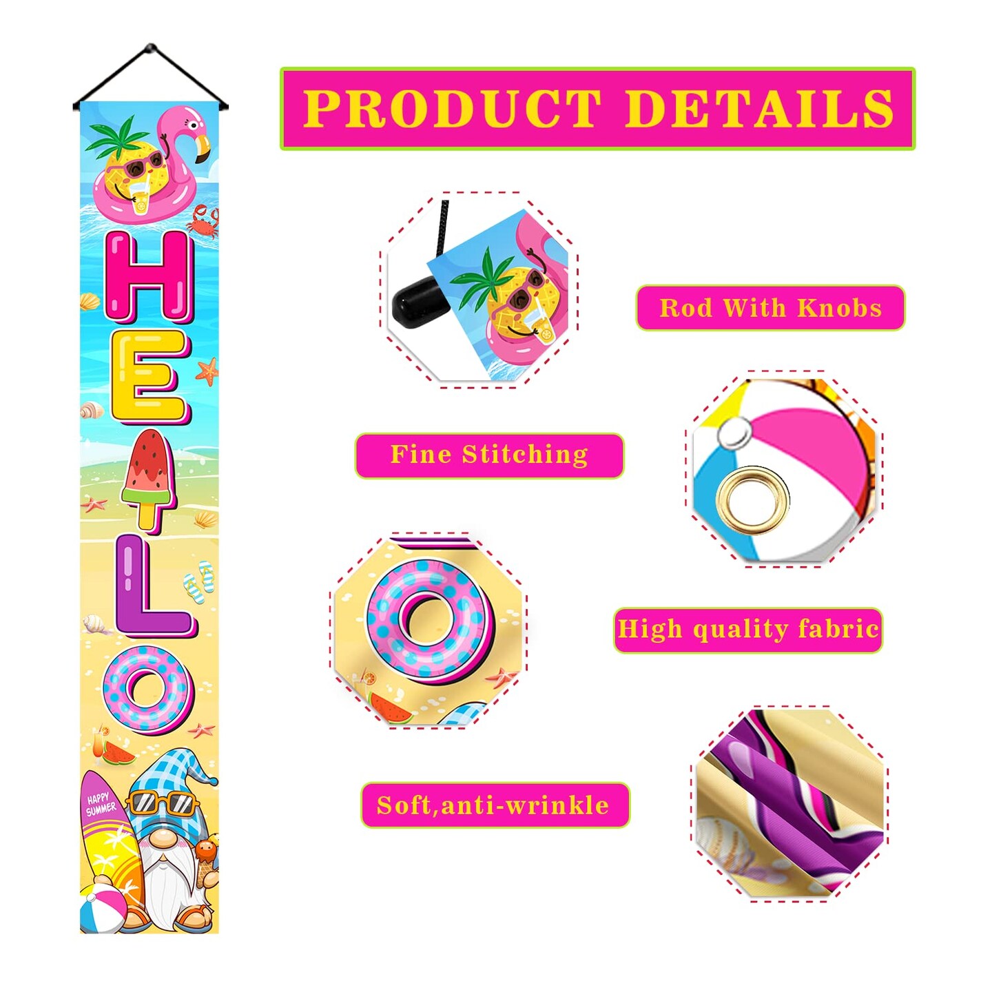 71&#x22; X 12&#x22; Summer Decorations For Home Door Banner, Summer Decorations for Outside Indoor Door Banner, Hello Summer Banner, Summer Decorations for Office