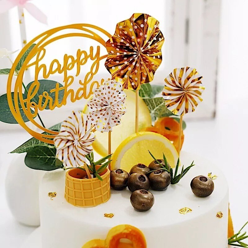 Happy Birthday Cake Topper Set with Paper Fans and Confetti Balloon Decorations