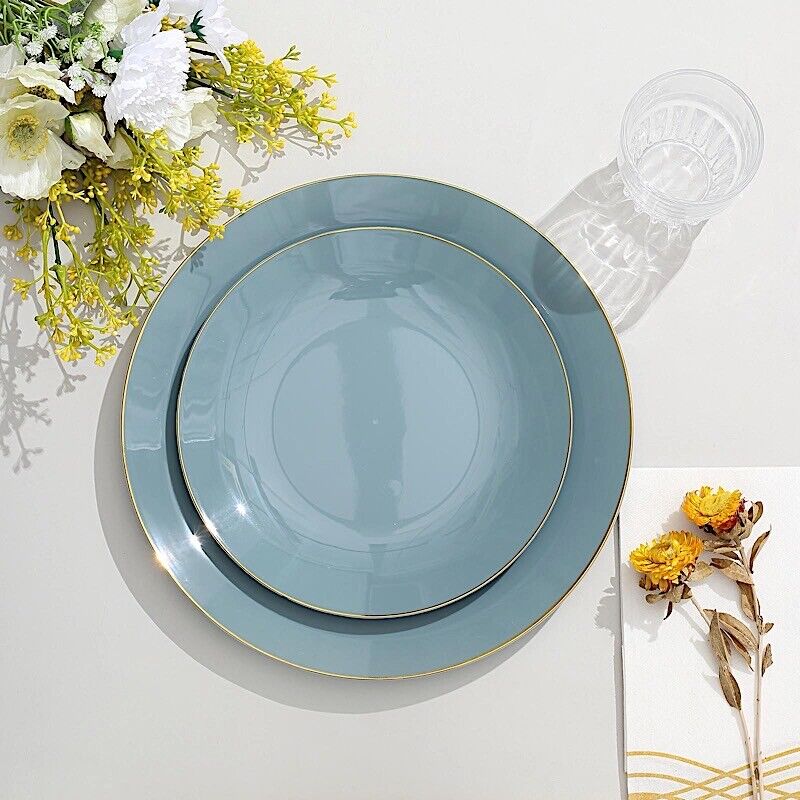 DUSTY BLUE 10 Glossy 8&#x22; Round Plastic Salad PLATES Gold Rim