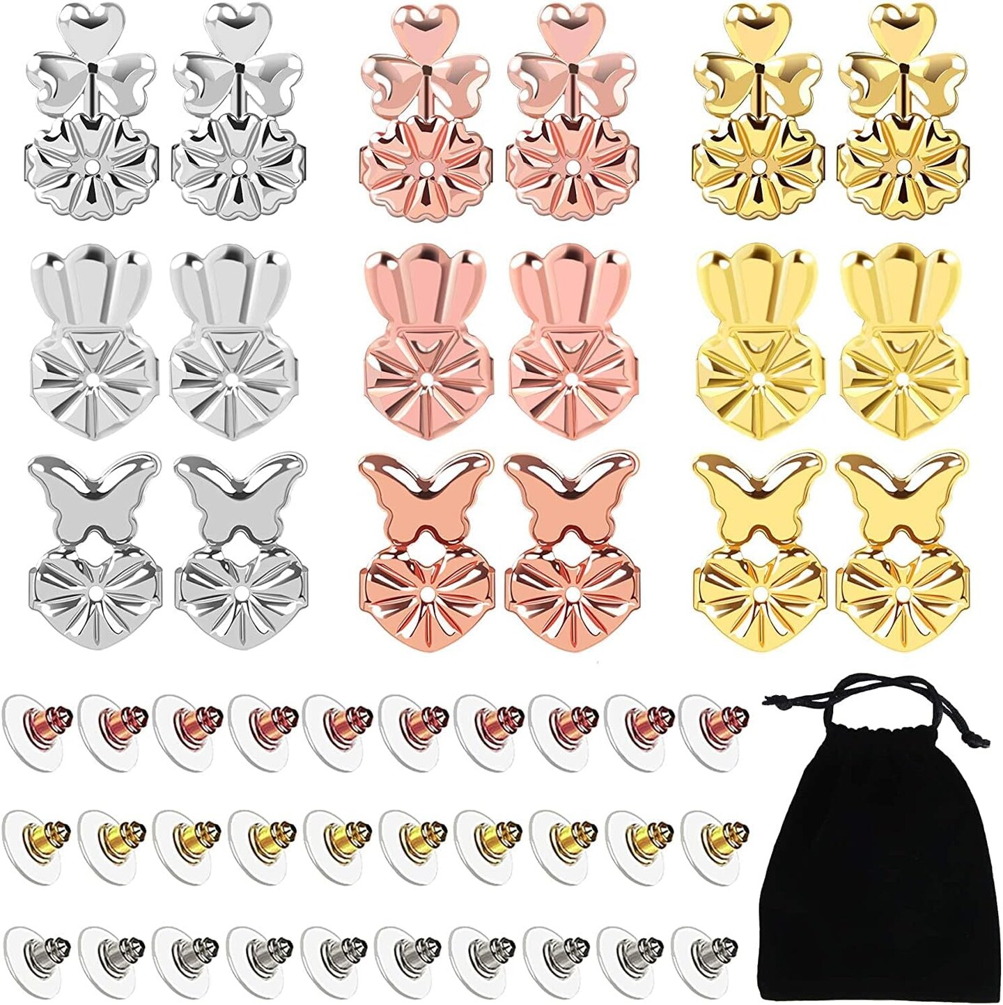 9 Pairs Earring Lifters, Earring Backs Lifter for Droopy Ears, Adjustable Hypoallergenic Earring Secure Backs for Heavy Earring(3 Silver + 3 Gold + 3 Rose Gold)
