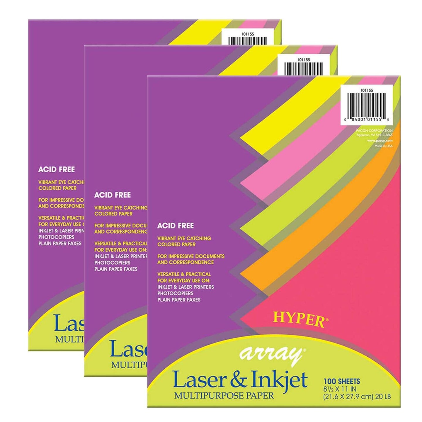 Hyper Multi-Purpose Paper, 5 Assorted Colors, 20 lb., 8-1/2&#x22; x 11&#x22;, 100 Sheets Per Pack, 3 Packs