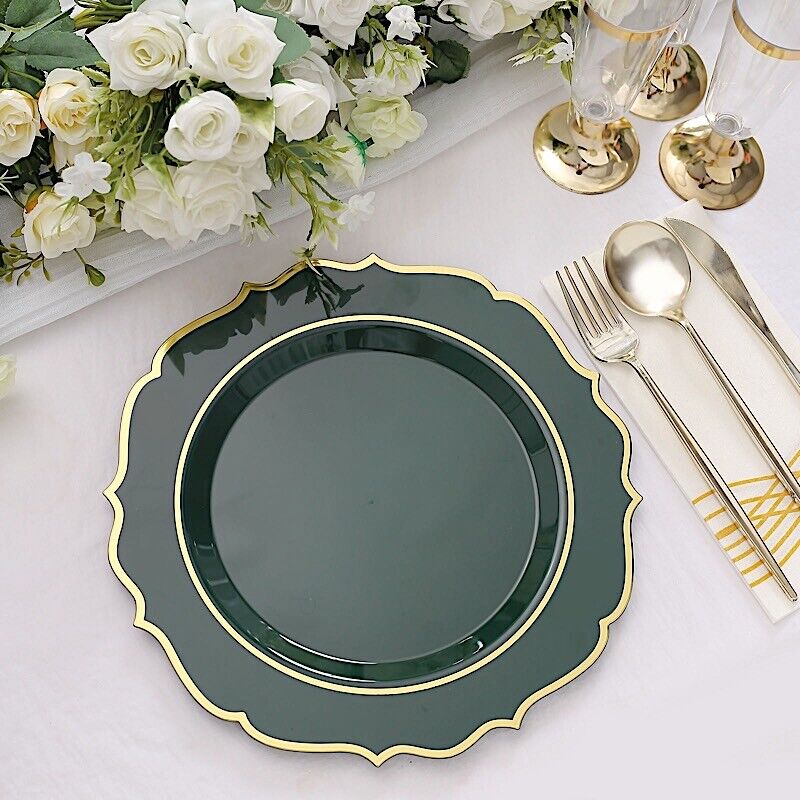 20 HUNTER GREEN 10.5" Round Plastic Dinner Plates GOLD Scalloped Rim