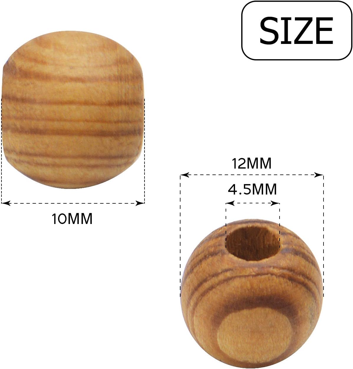 Natural Wooden Beads, 200 Pieces 12mm Diameter Round Loose Spacer Beads Large Hole (4.5mm) Wooden Craft Beads with Beautiful Grain for DIY Handmade Decorations