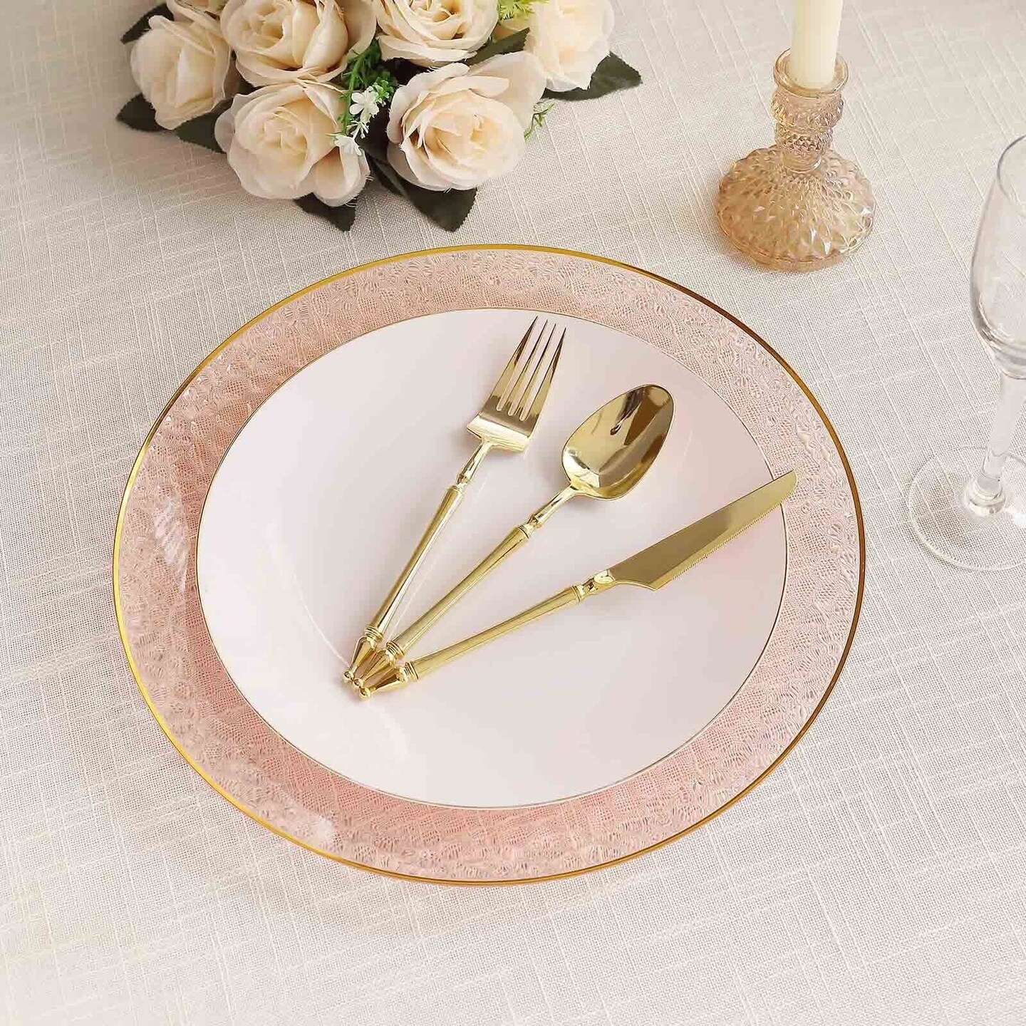 10 Blush 13 in Round Hammered Plastic CHARGER PLATES Gold Trim
