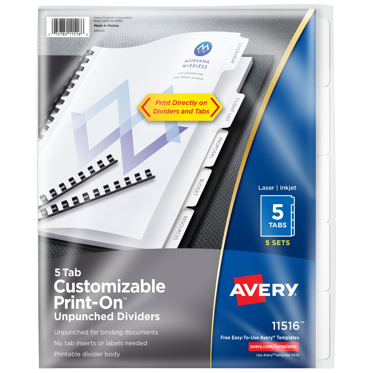 Avery Unpunched Customizable Print-On Dividers for Use with Custom Binding Systems or 3 Ring Binders, 5-Tab Set, 5 Sets (11516)