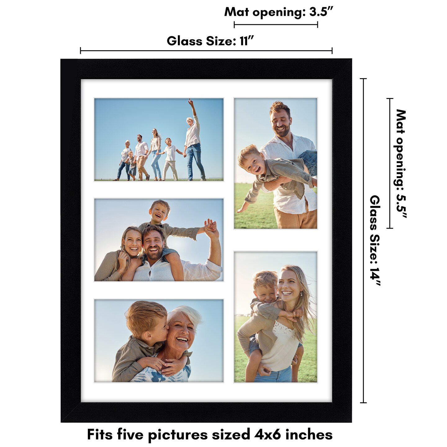 Americanflat 11x14 Collage Picture Frame - Displays Five 4x6 Photos at Once - Family Photo Collage Frame - Shatter Resistant Glass - Hanging Hardware for Horizontal or Vertical Display - Black