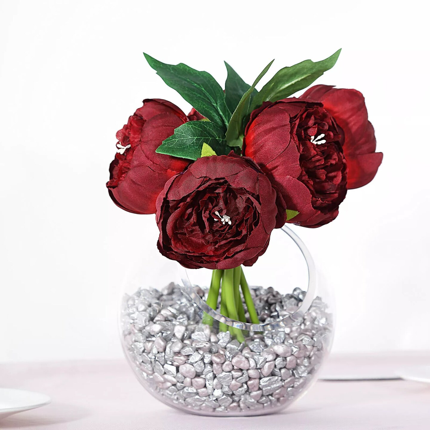 BURGUNDY 10&#x22; Silk Artificial Peony Flowers Bouquet Arrangement