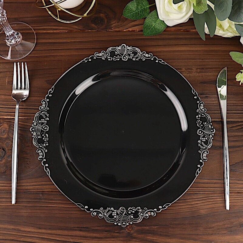 10 BLACK SILVER 10&#x22; Round Plastic Salad Dinner PLATES
