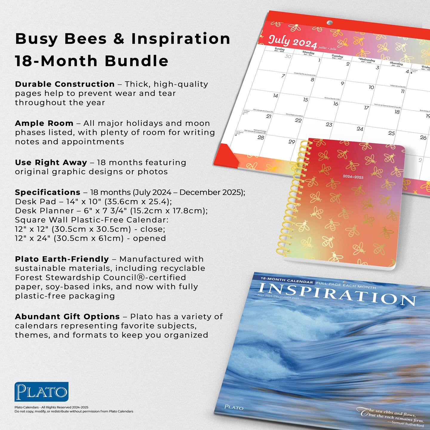 Busy Bees and Inspiration 2025 18 Months Bundle | Desk Pad, Desk Planner, and Square Wall Calendar | July 2024 - December 2025 | Plato | Motivation Design