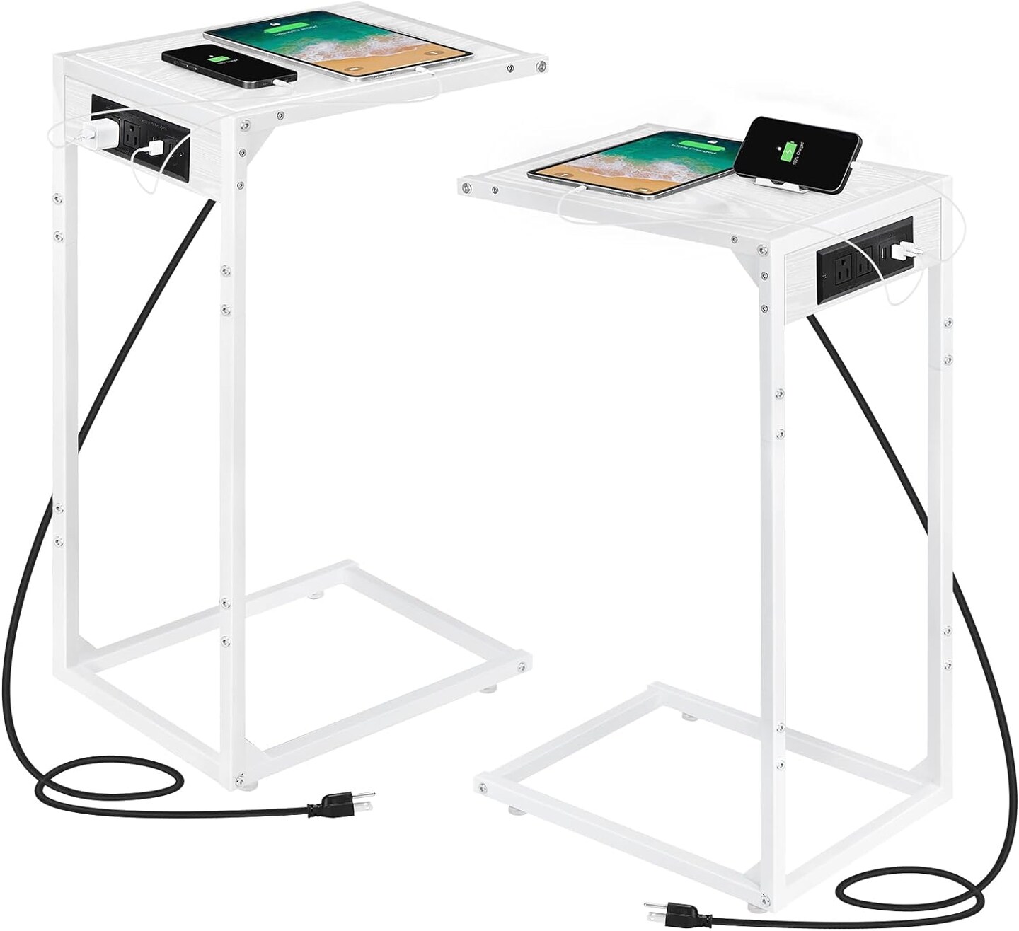 2pcs White C Shaped End Table with Charging Station