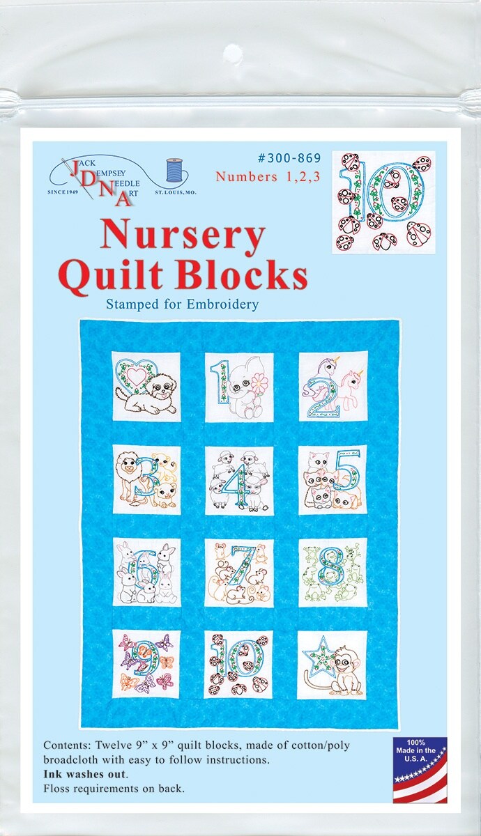 Jack Dempsey Stamped White Nursery Quilt Blocks 9&#x22;X9&#x22; 12/Pkg-Numbers 1,2,3