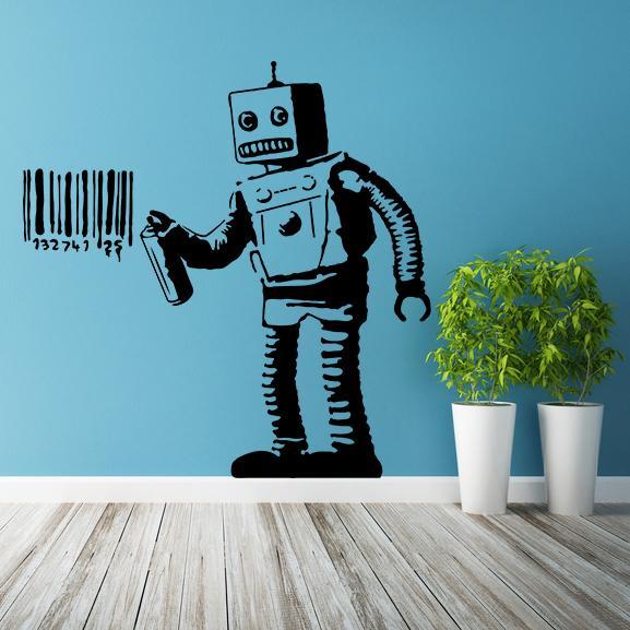 Banksy Vinyl Wall Decal Robot Graffiti Machine Painting Barcode Street Graffiti Sticker 31 x 31
