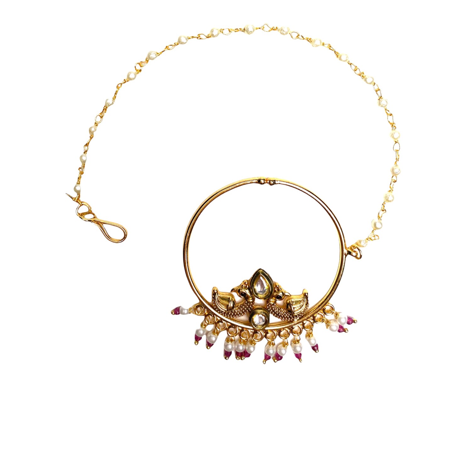 Kundan Crystal Nose Ring with Gold Plating Pearl Hair Chain - Indian Bridal Nath with Faux Pearl Chain Designer Bollywood Style Nose Pin for Women Non-Piercing Nose Accessory Gift for Her