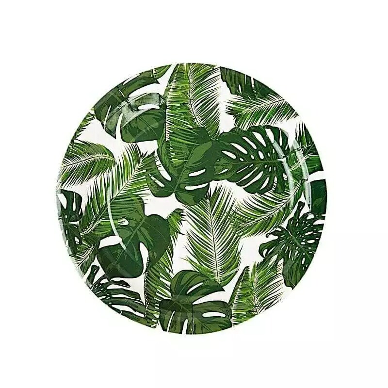 25 WHITE 7&#x22; Round Paper Plates with TROPICAL Leaves Design