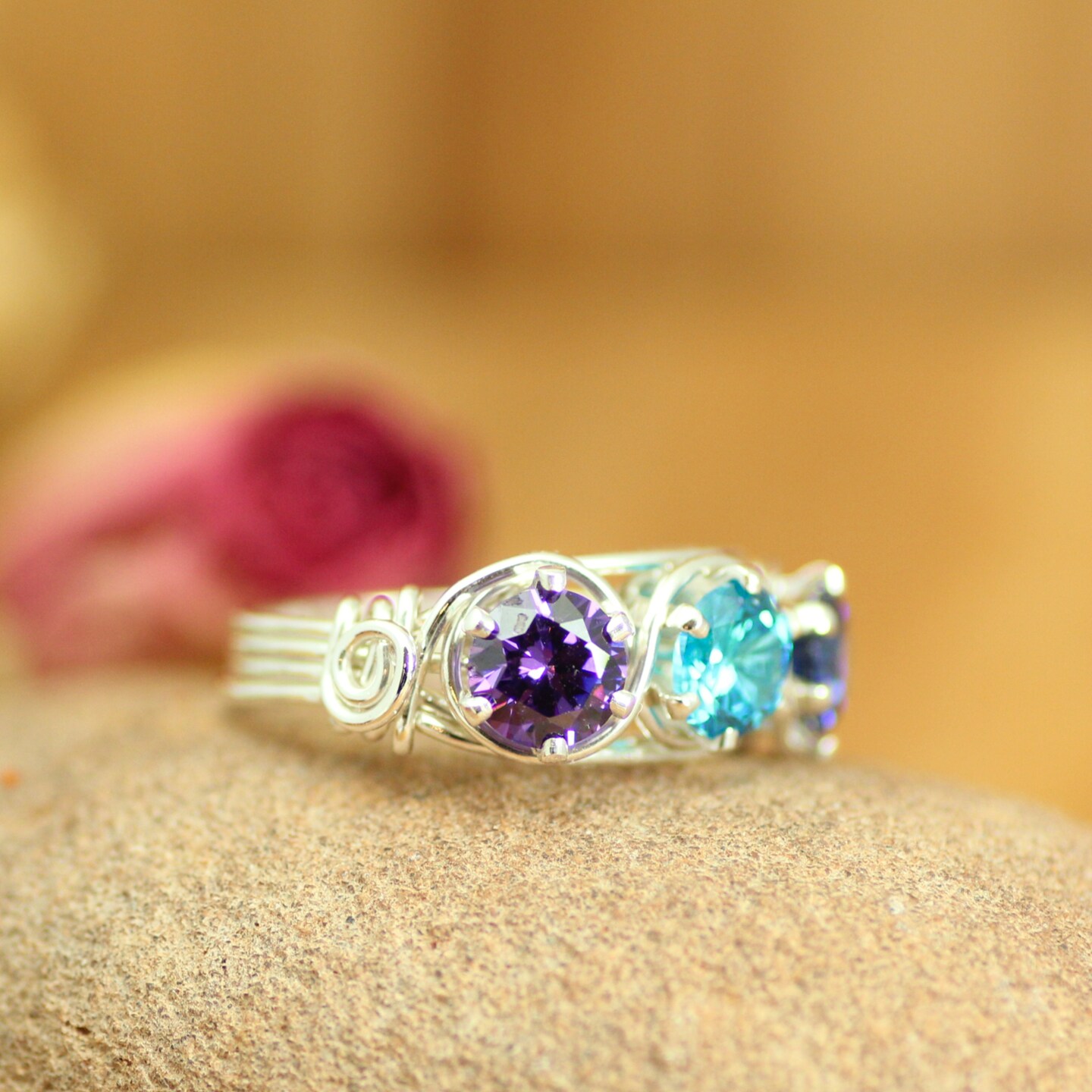 Mother Ring 3 Stones Sterling Silver with Large Band, Handmade and Personalized for Mother’s Day Jewelry Gift product 3