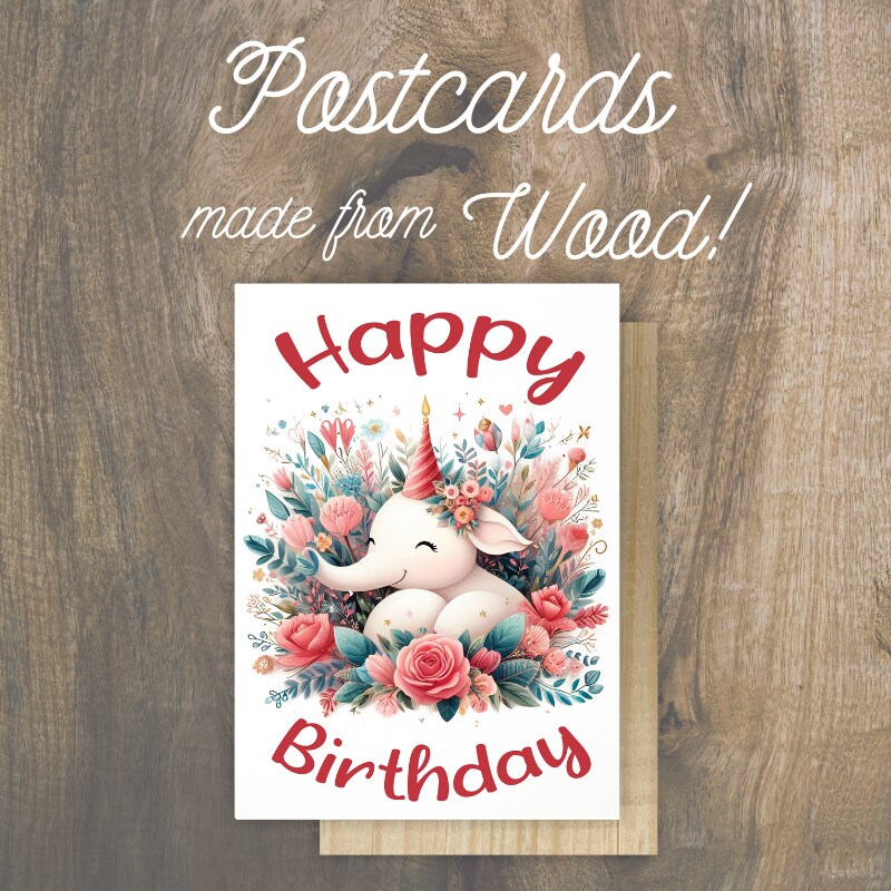 Birthday Elephant Wooden Postcard