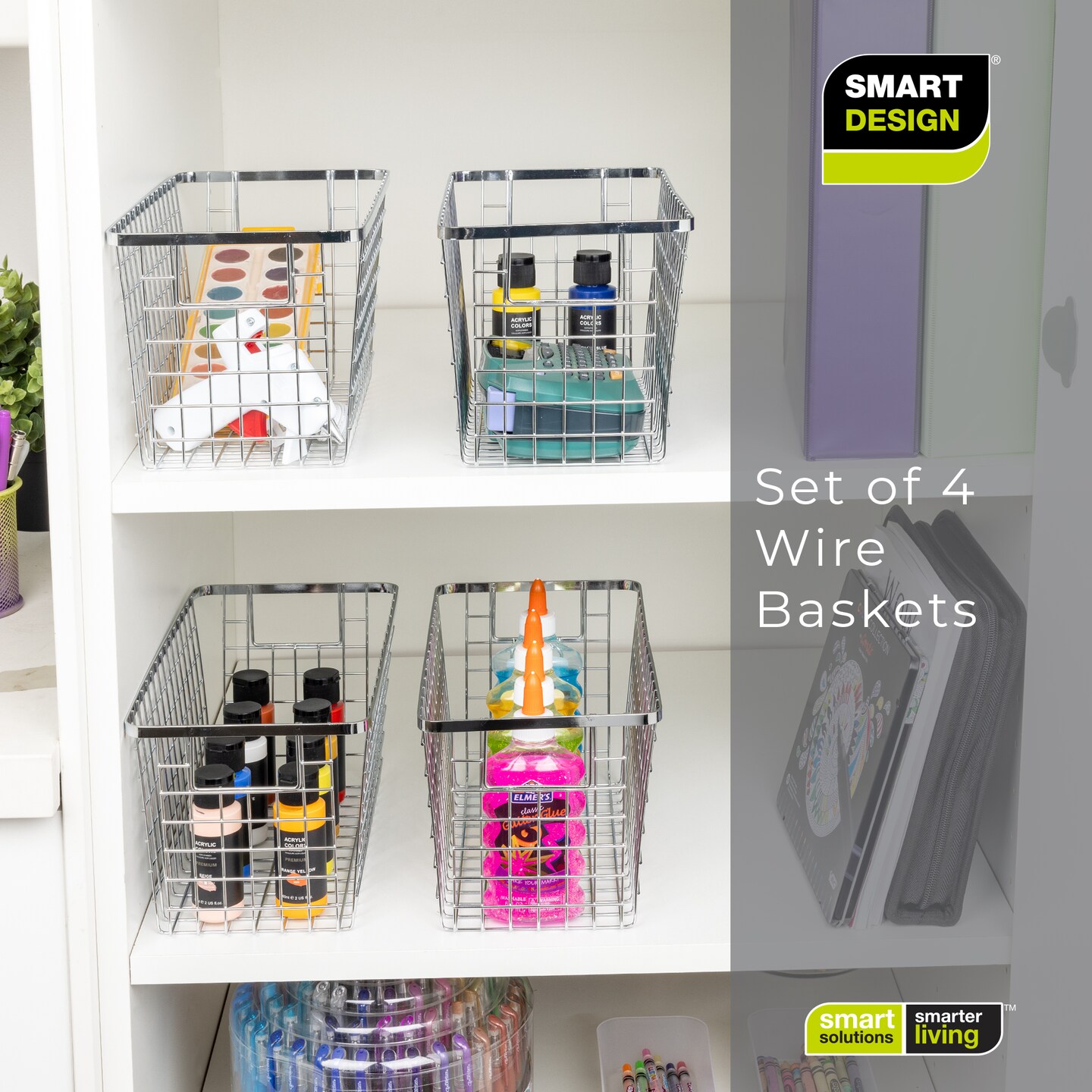 Smart Design Nestable Basket Organizer with Handles - Steel - 6 x 12 x 6 - Chrome - Set of 4