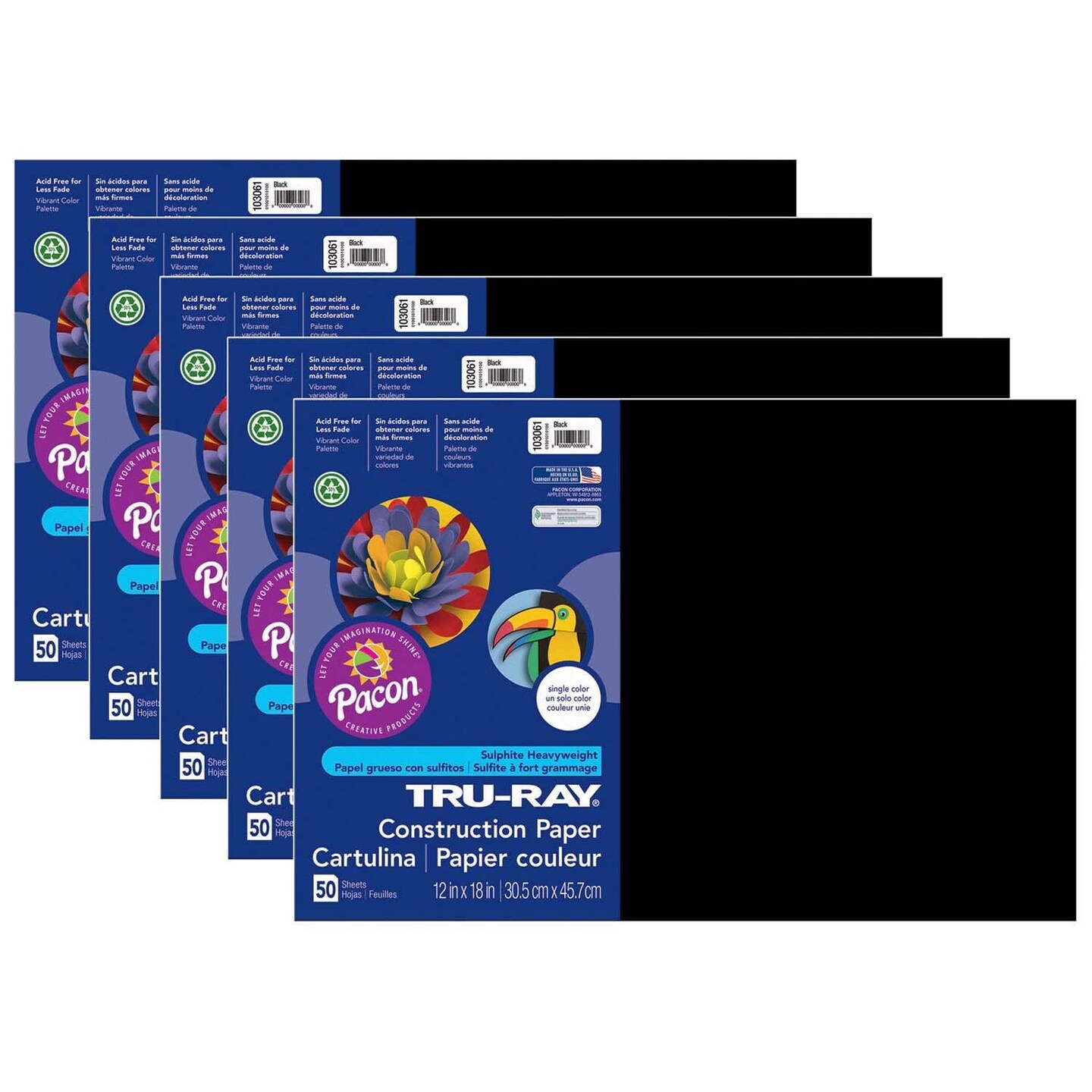 Construction Paper, Black, 12&#x22; x 18&#x22;, 50 Sheets Per Pack, 5 Packs