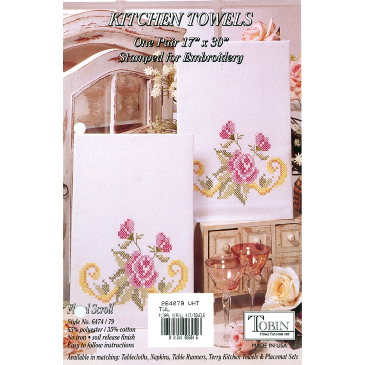 Tobin Stamped For Embroidery Kitchen Towels 17X30 2 Pkg Floral Scroll   13374141944201 