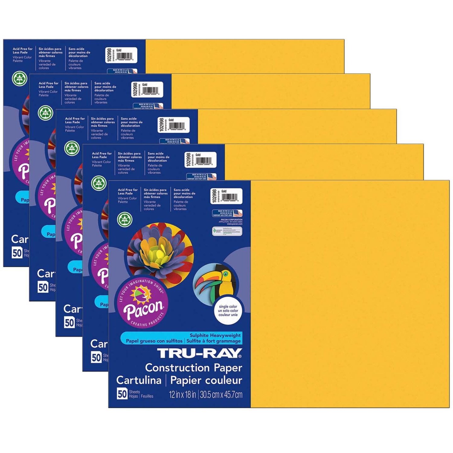 Construction Paper, Gold, 12&#x22; x 18&#x22;, 50 Sheets Per Pack, 5 Packs