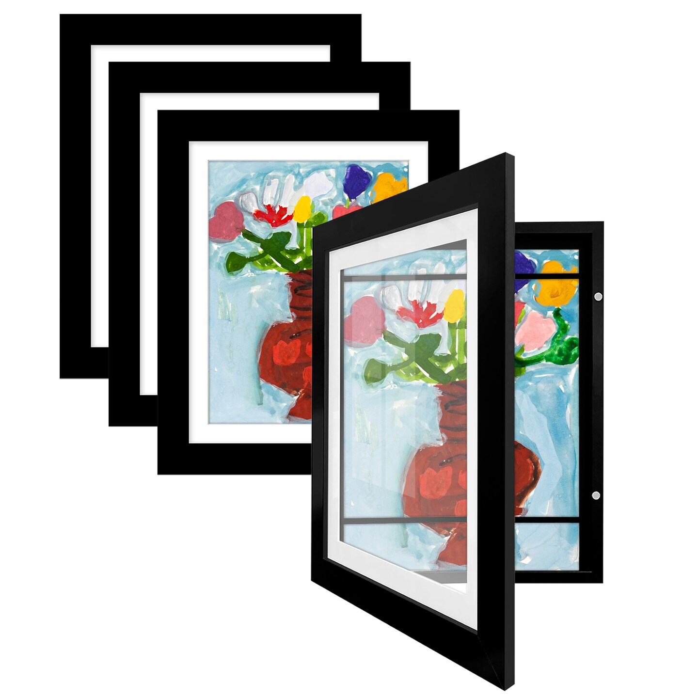 Americanflat 10x12.5 Kids Art Frame - Set of 4 - 8.5x11 with Mat or 10x12.5 without Mat - Kids Artwork Frame - Magnetic Frame Closure - Shatter Resistant Glass - Hanging Hardware
