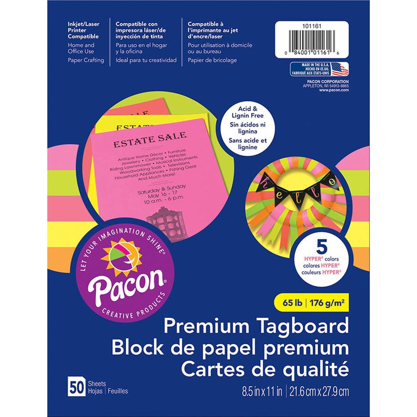 Premium Tagboard, 5 Assorted Hyper Colors, 8-1/2&#x22; x 11&#x22;, 50 Sheets Per Pack, 3 Packs