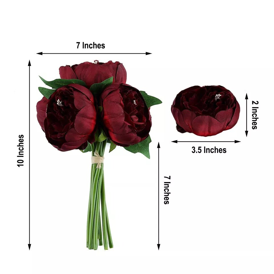 BURGUNDY 10" Silk Artificial Peony Flowers Bouquet Arrangement