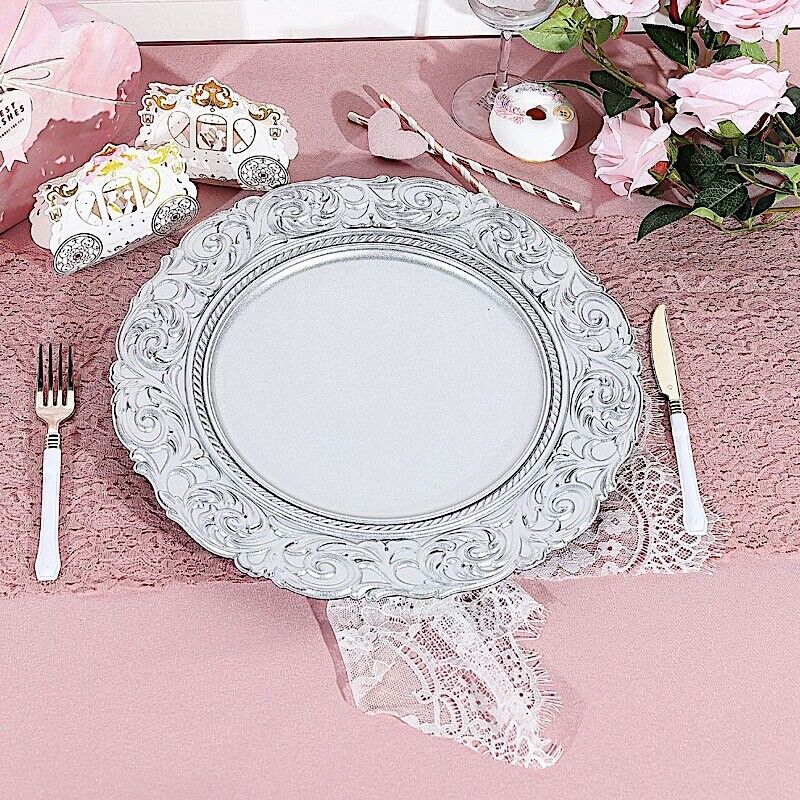 6 SILVER 14&#x22; Round Baroque Metallic Charger Plates