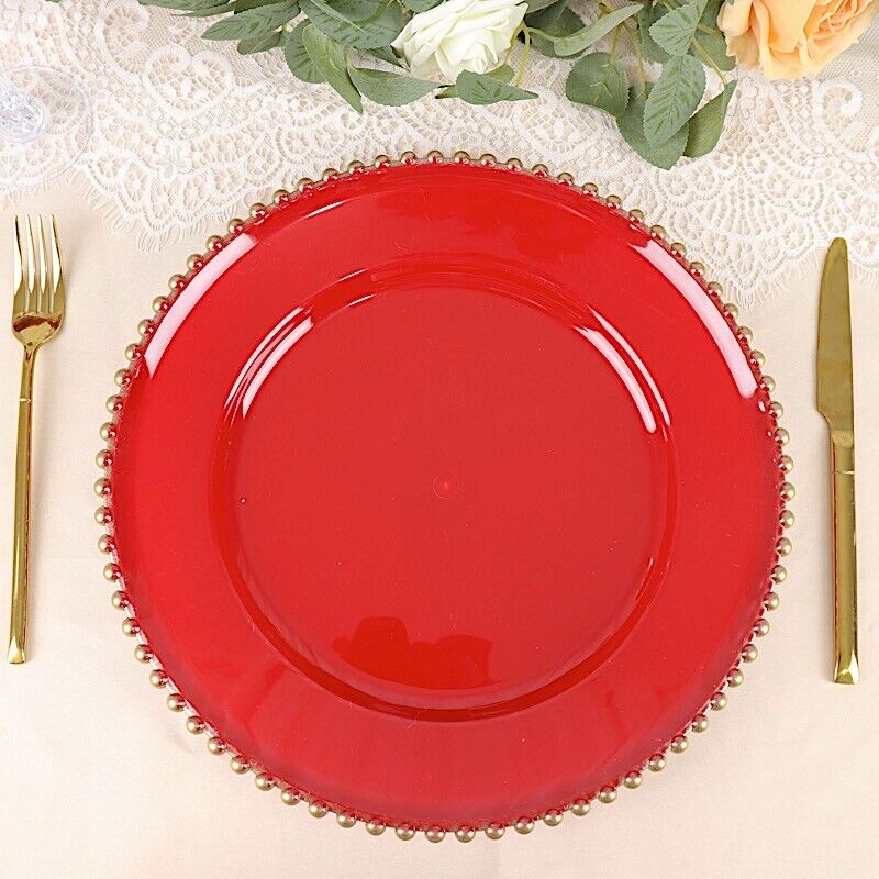 6 RED GOLD 12&#x22; Round Beaded Rim Charger Plates