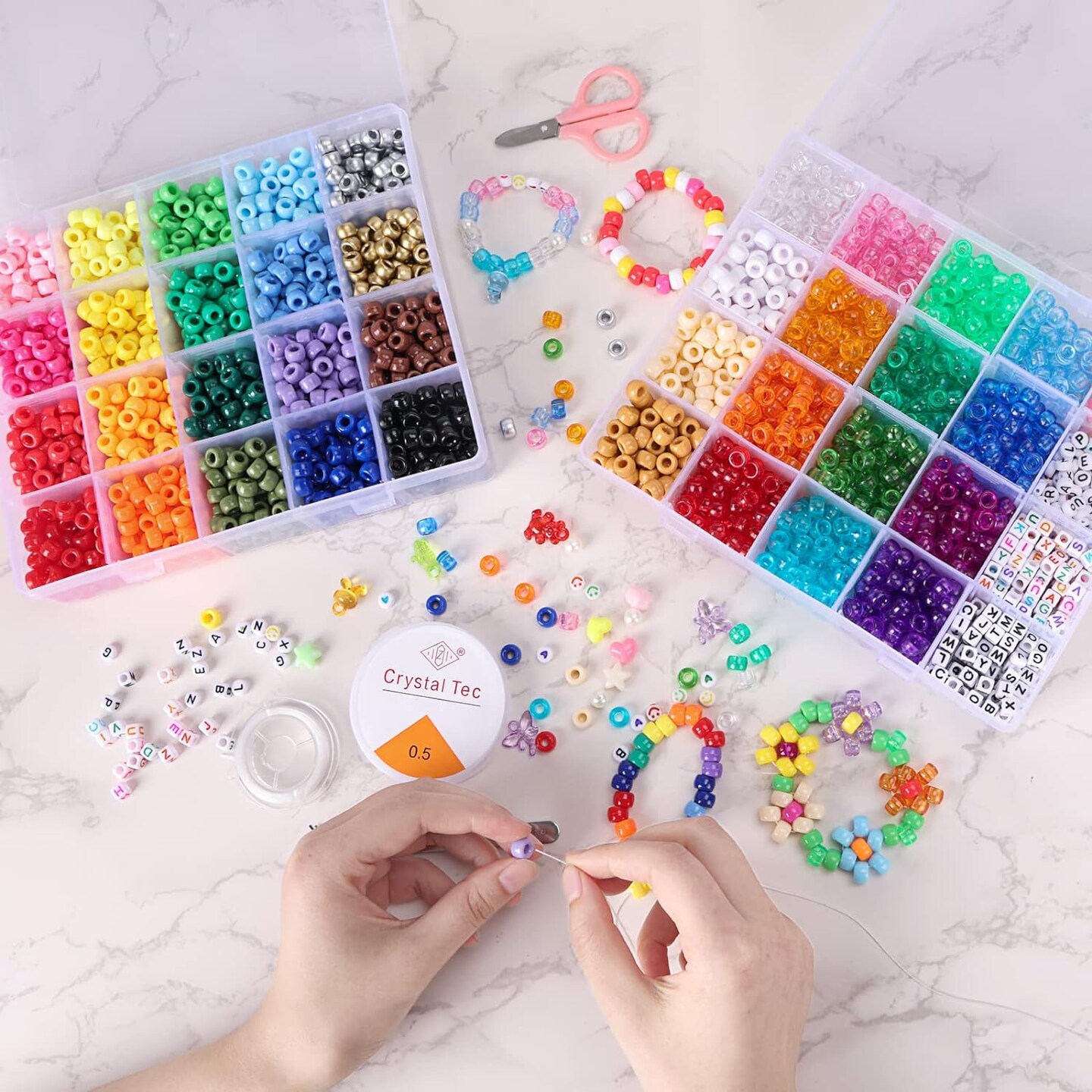 3510pcs 36 Colors, Hair Pony Beads Bulk with Letter Bead, 9mm Rainbow DIY Kandi Beads Kit for Jewelry Making Bracelets Pearl Transparent and Opaque Pendants