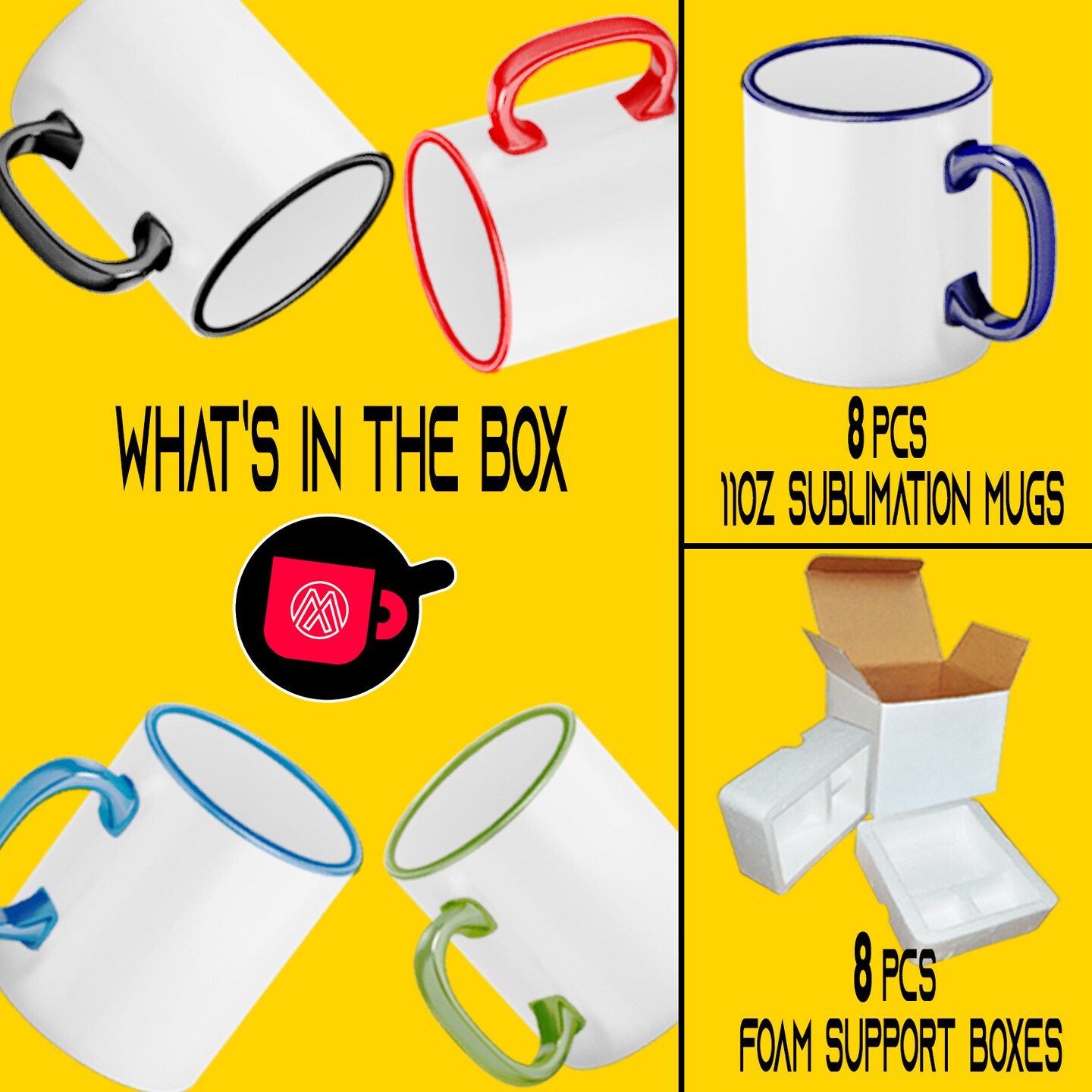 8 Pcs 11OZ MIXED Color Rim & Handle Sublimation Mugs With Foam Support Boxes