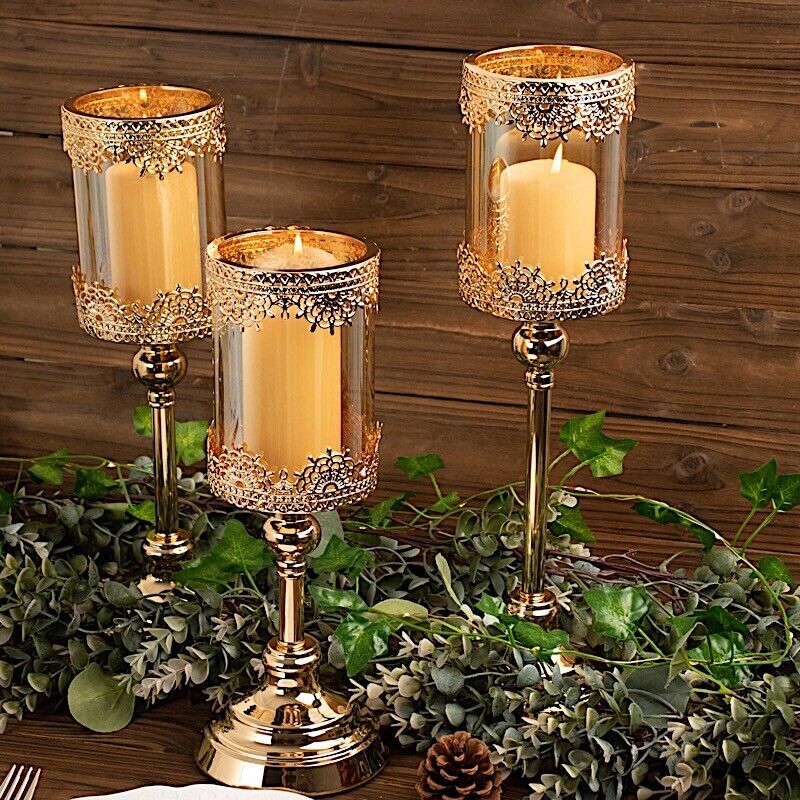 3 ANTIQUE GOLD Lace Design Metal Glass Votive CANDLE HOLDERS Centerpieces