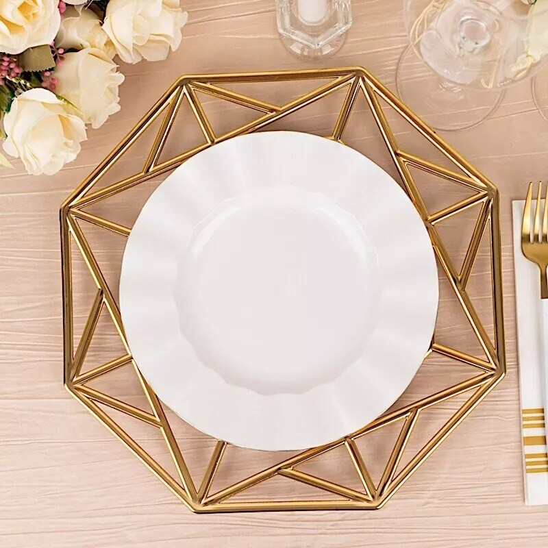 GOLD 6 Octagon 13" Acrylic Plastic CHARGER PLATES Hollow Geometric Rim
