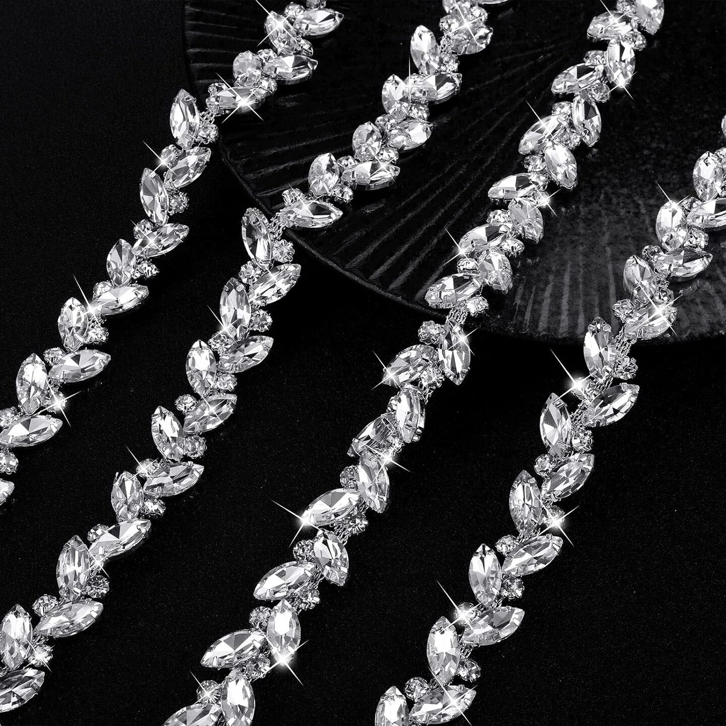 Rhinestone Chain Trim Applique Embellishment Crystal Bridal Costume Flower Leaf Chain Sewing Bling Trim for Wedding Jewelry DIY Necklace Bags Parties(Silver, 3 Yards)
