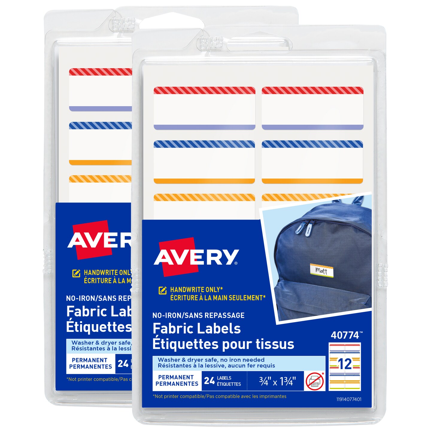 Avery No-Iron Fabric Name Labels, Playful Stripes Preprinted Designs, Handwrite-Only, 2-Pack, 48 Preprinted Labels (21959)