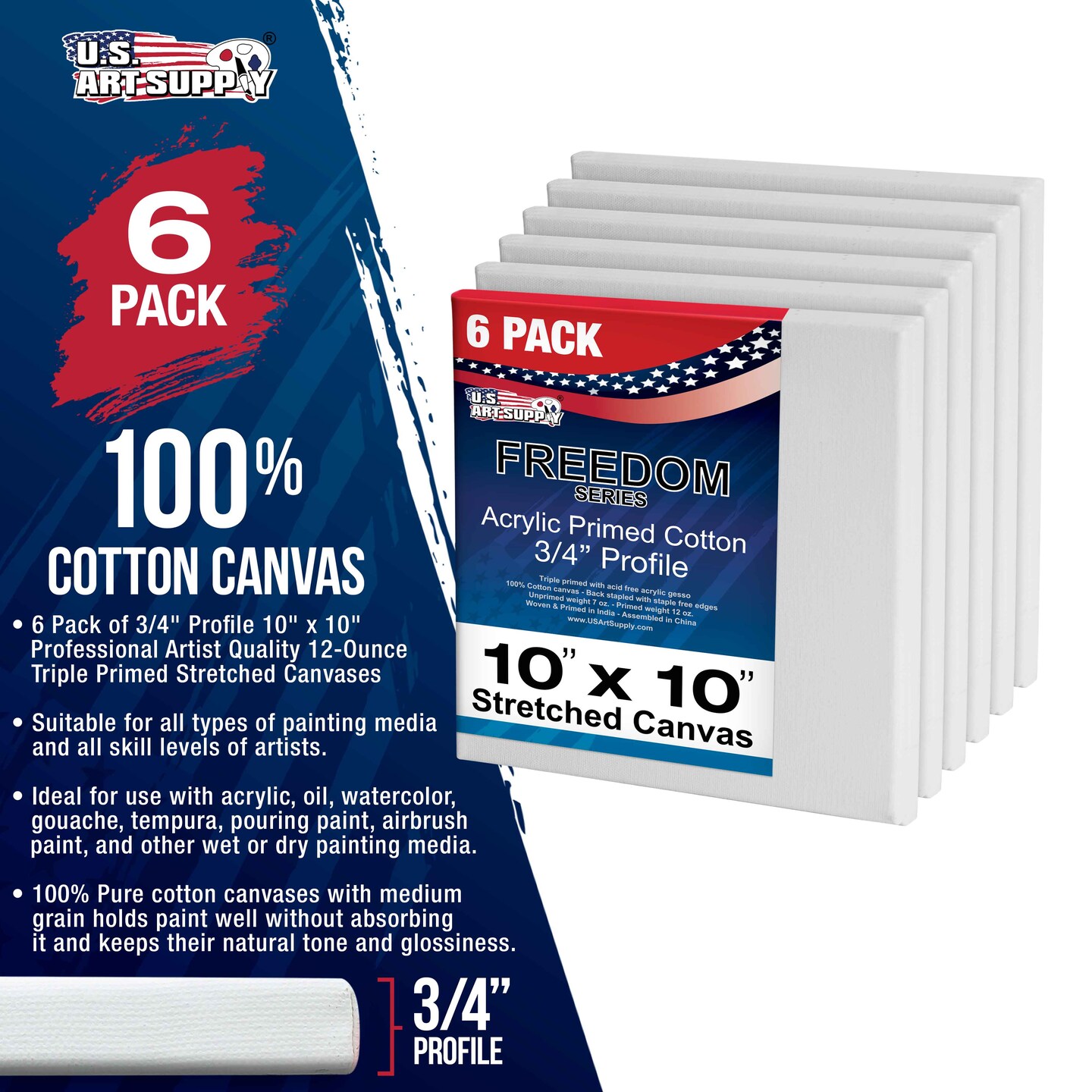 10 x 10 inch Stretched Canvas 12-Ounce Triple Primed, 6-Pack - Professional Artist Quality White Blank 3/4&#x22; Profile, 100% Cotton, Heavy-Weight Gesso