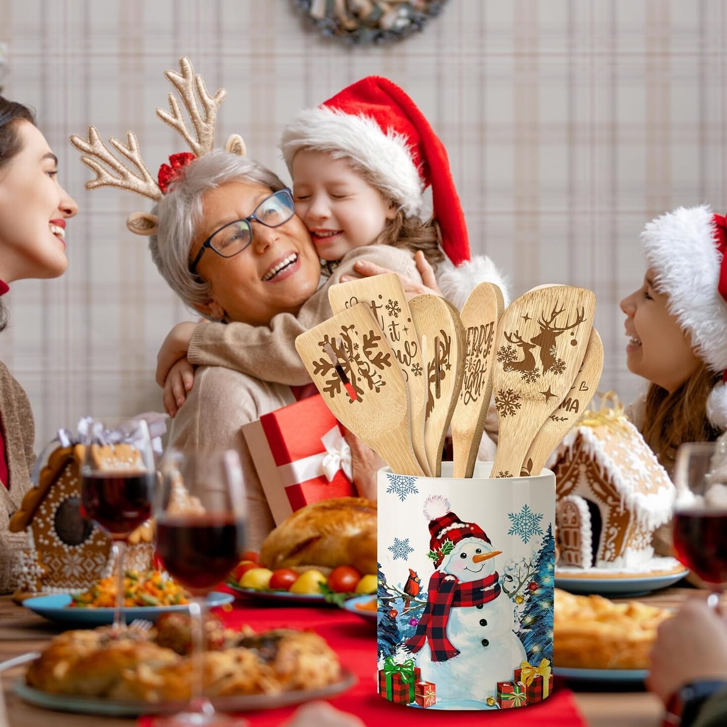 Blue Snowman Christmas Utensil Holder with Bamboo Spoons Set