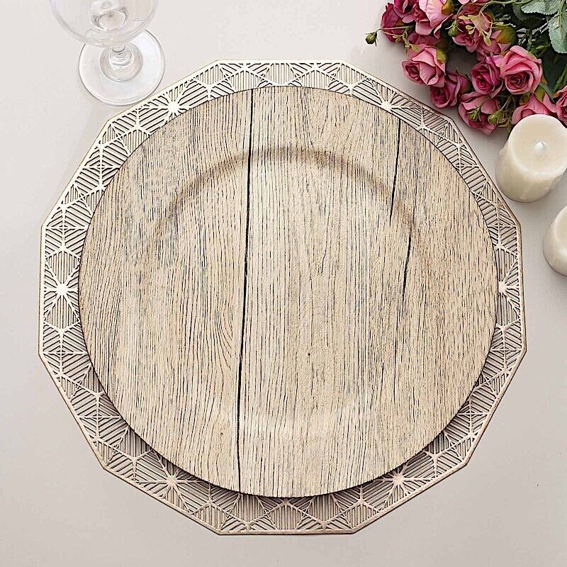 NATURAL 6 Round 13&#x22; Rustic Faux Wood Plastic CHARGER PLATES