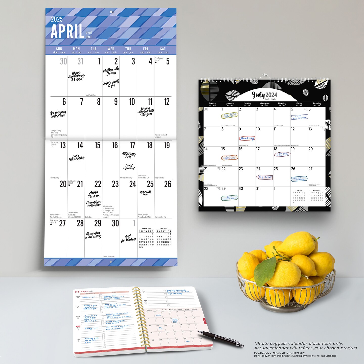 Pen &#x26; Ink and Large Print 2025 18 Months Bundle | Desk Planner, Square Wall, and Square Wire-O Calendar | July 2024 - December 2025 | Plato | Family Stationery Design