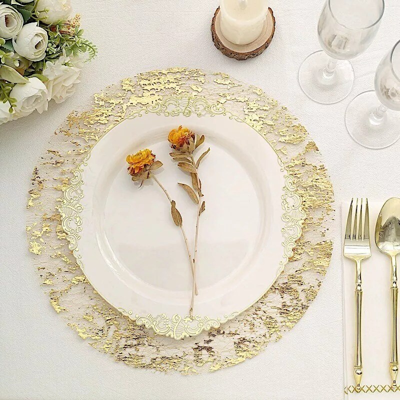 GOLD 10 Round 13&#x22; Metallic Foil Polyester Mesh Table PLACEMATS