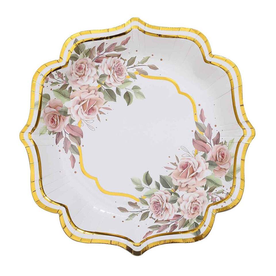 25 WHITE 10" Floral Paper Salad DINNER PLATES GOLD Scallop Rim