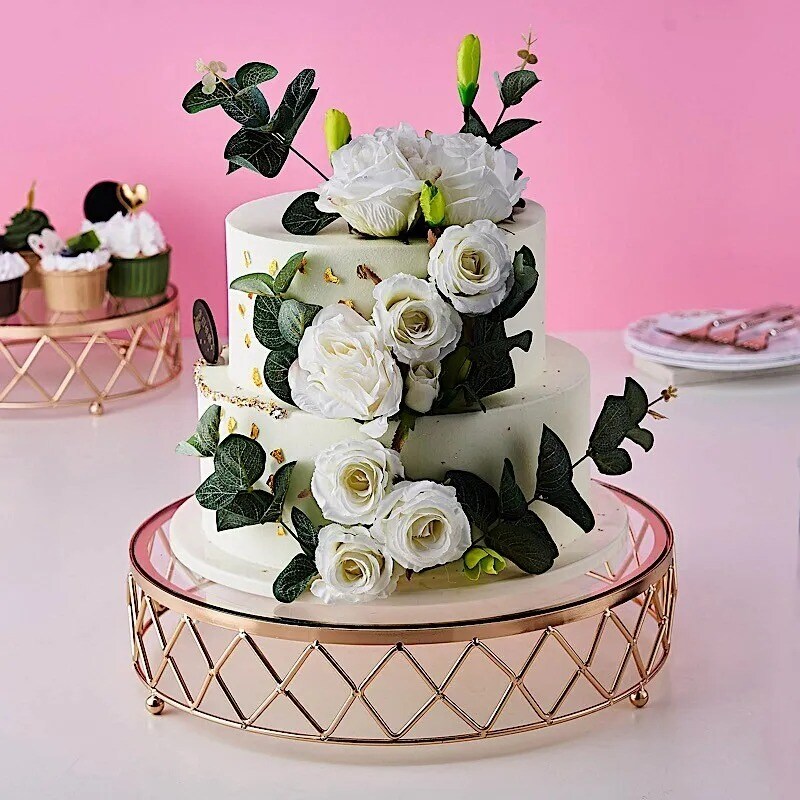 GOLD CLEAR 14&#x22; Round Metal Glass Geometric CAKE STAND