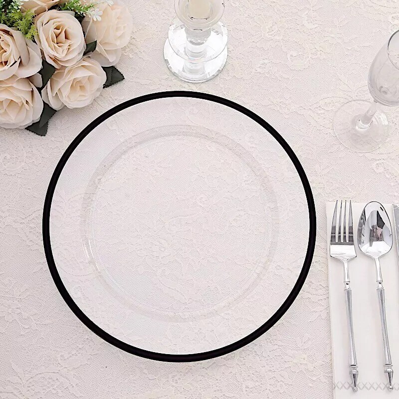 CLEAR BLACK 10 Round 12&#x22; Heavy Duty Plastic CHARGER PLATES