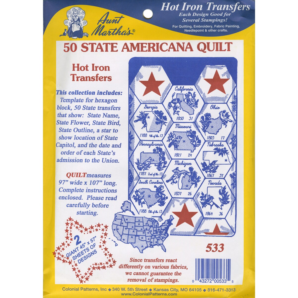 Aunt Martha&#x27;s Iron-On Transfer Collection-50 State Americana Quilt