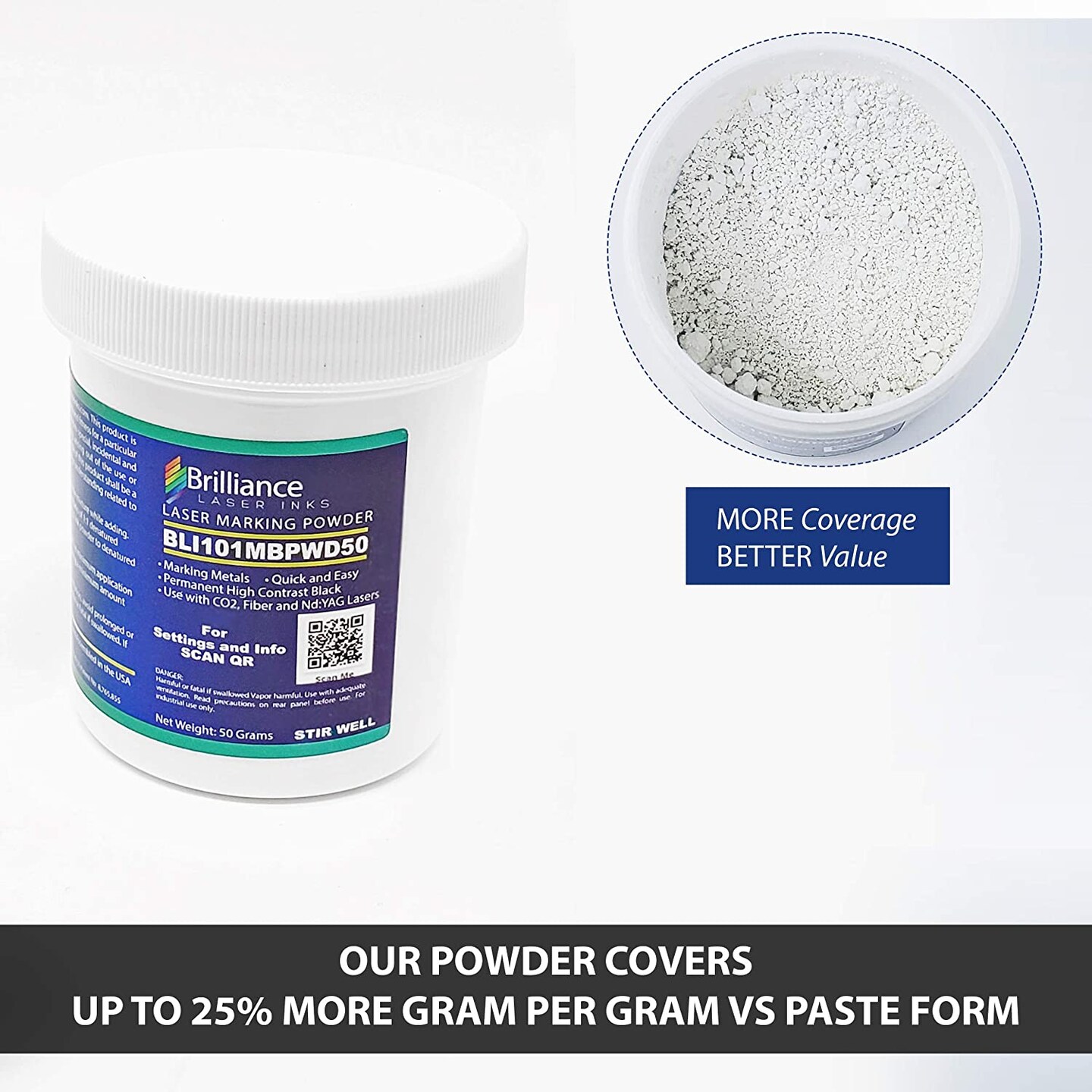 LASER MARKING POWDER-Metals Marking - CO2 Laser - Fiber Laser - YAG, 100% Guarantee, Durable, Permanent, High Contrast, Brilliance Laser Inks - BLI101MBPWD - 50 Grams(FOAM BRUSH INCLUDED)