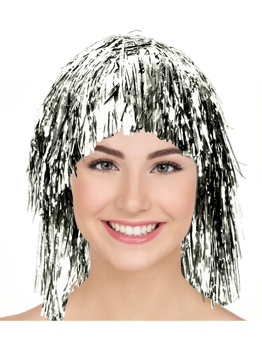 Adult s Silver Tinsel Party Wig Costume Accessory