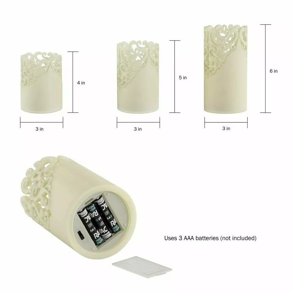 Set of 3 Real Wax Flameless LED Light Candles Remote and Timer Lacey Laser Cut